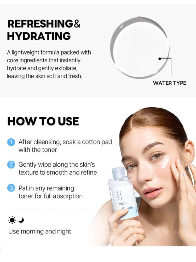 ROUND LAB 1025 Dokdo Toner Lotion Special Set (Toner 200ml+Lotion 200ml) guide on hydrating and exfoliating toner use.