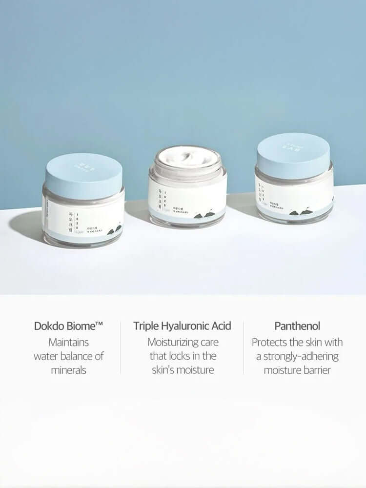 ROUND LAB 1025 Dokdo Light Cream 80ml jars with moisturizing benefits and strong skin barrier support.