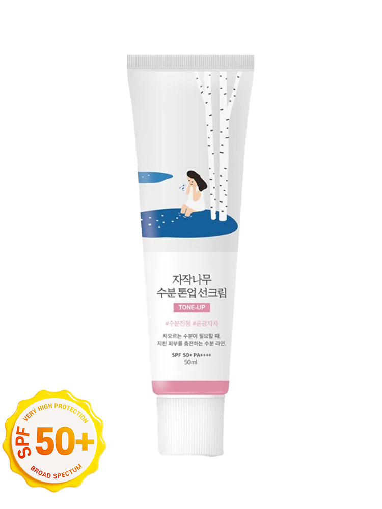 ROUND LAB Birch Juice Moisturizing Tone Up Sunscreen 50ml tube with birch tree design, SPF50+ PA++++ protection.