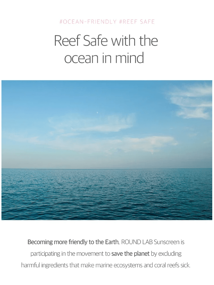 Ocean view with calm waters promoting ROUND LAB Birch Juice Moisturizing Tone Up Sunscreen 50ml's reef-safe formula.