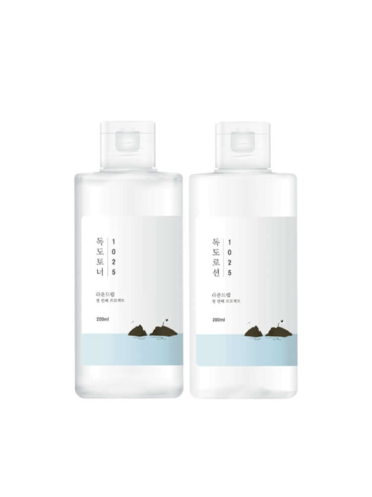 ROUND LAB 1025 Dokdo Toner Lotion Special Set (Toner 200ml+Lotion 200ml) in clear bottles.