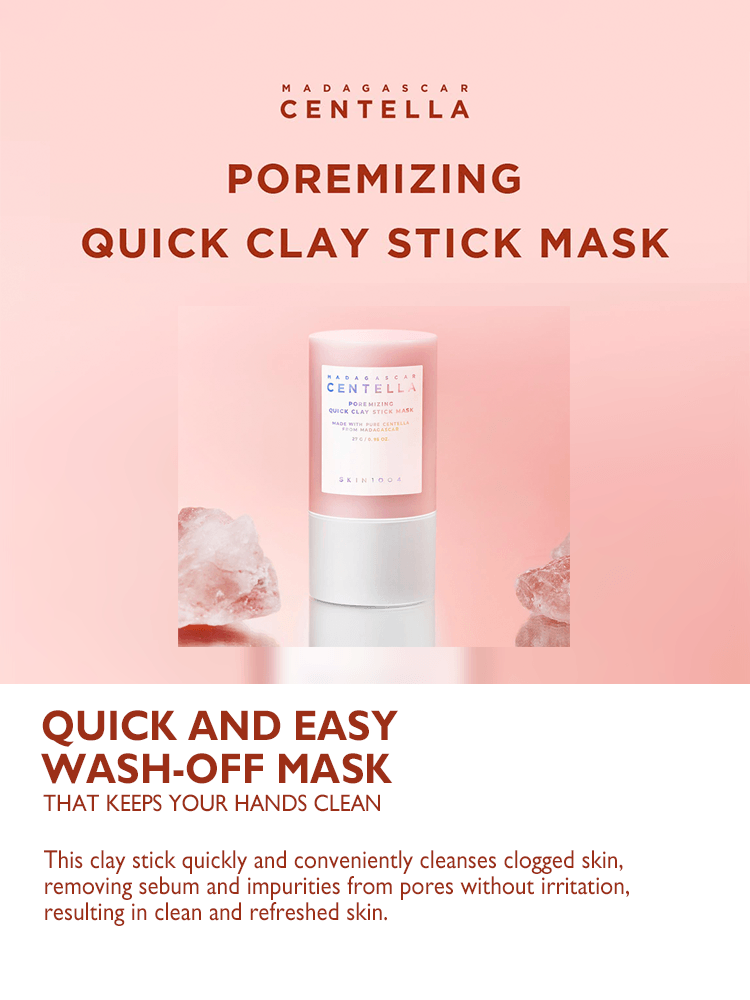 SKIN1004 Madagascar Centella Poremizing Quick Clay Stick Mask in a sleek packaging on a soft pink background.