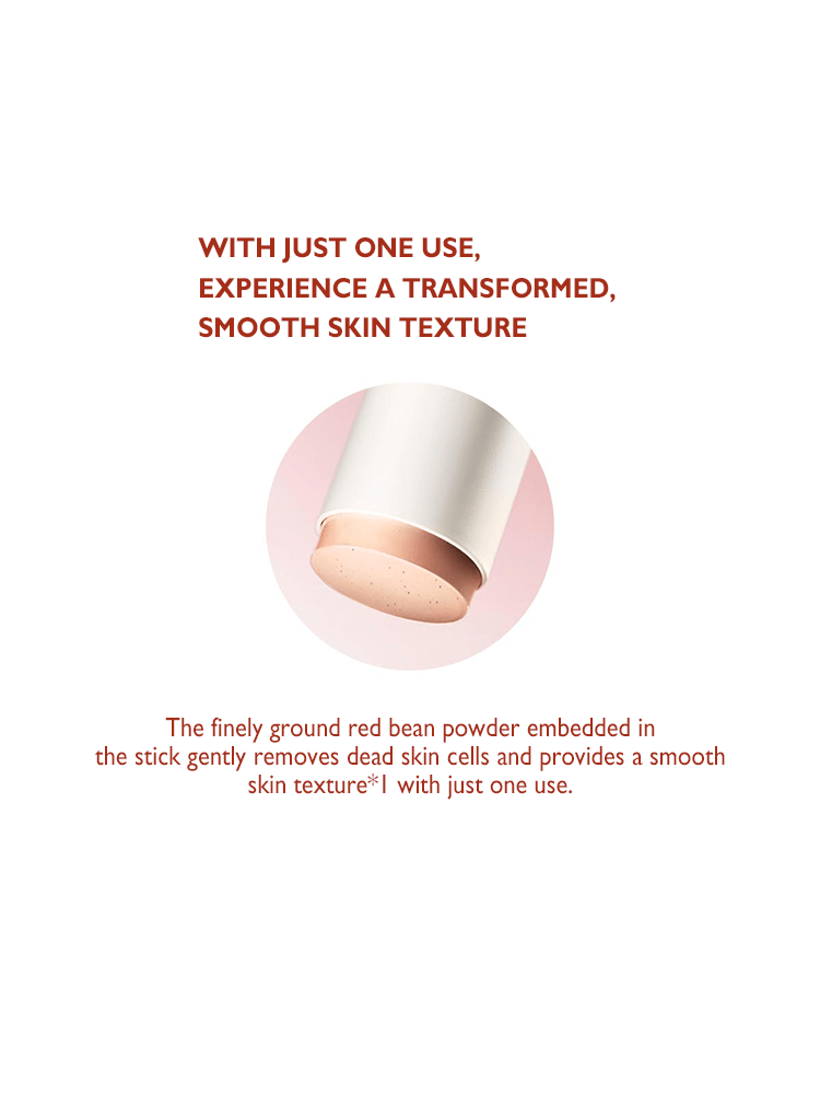 SKIN1004 Madagascar Centella Poremizing Quick Clay Stick Mask demonstrating its smooth skin texture benefits with red bean powder.