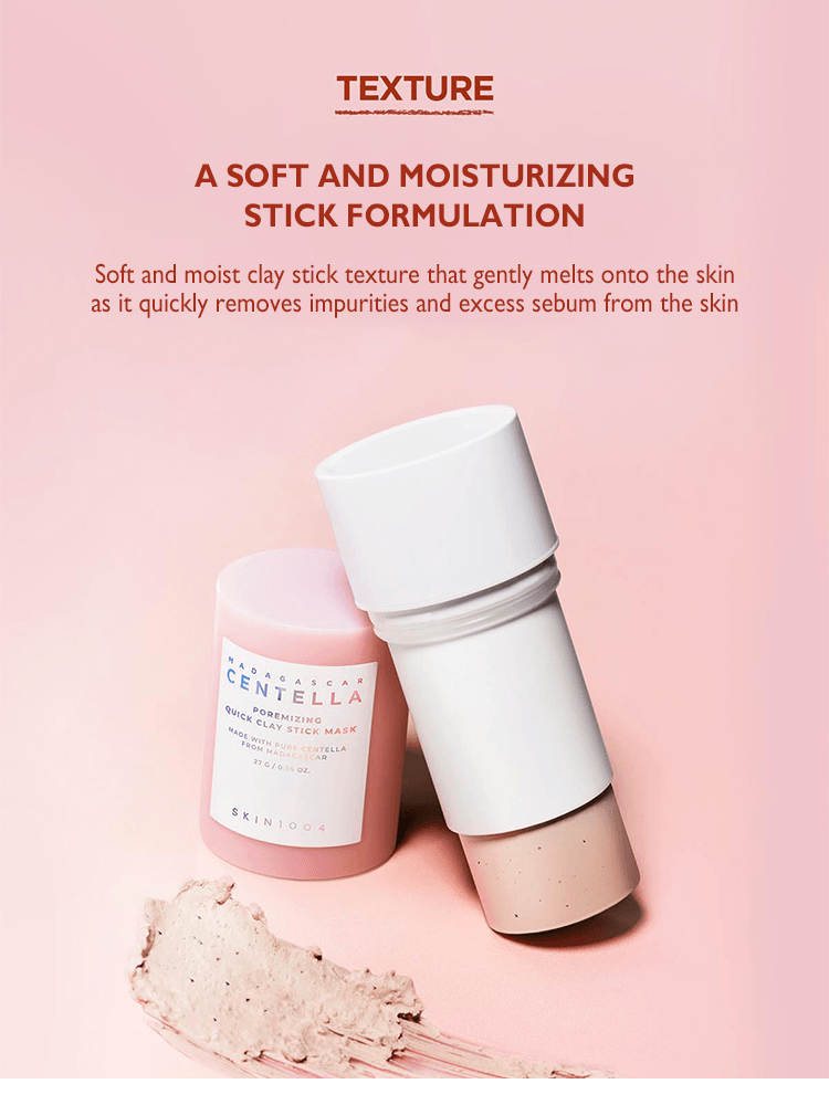 SKIN1004 Madagascar Centella Poremizing Quick Clay Stick Mask shown with its soft stick texture for cleansing skin.