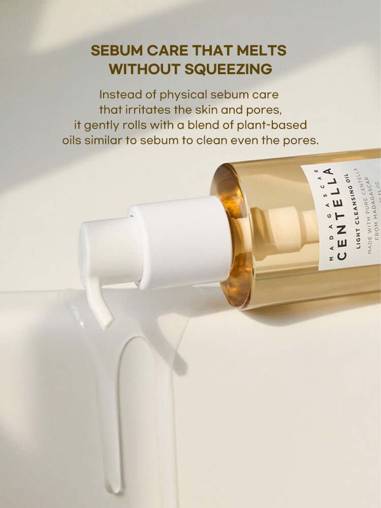 SKIN1004 Madagascar Centella Light Cleansing Oil 200ml bottle with smooth sebum care formula on surface.