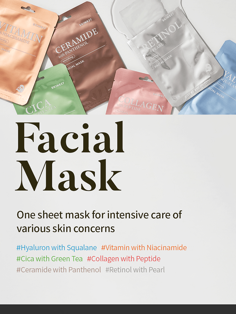 SKIN627 Facial Mask 22ml packaging showcasing multiple variants for intensive skin care.
