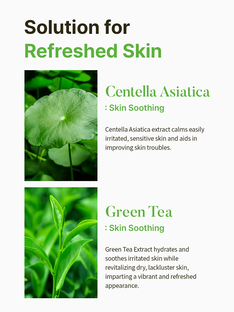 Image showcasing SKIN627 Facial Mask ingredients: Centella Asiatica and Green Tea for skin soothing and refreshment.
