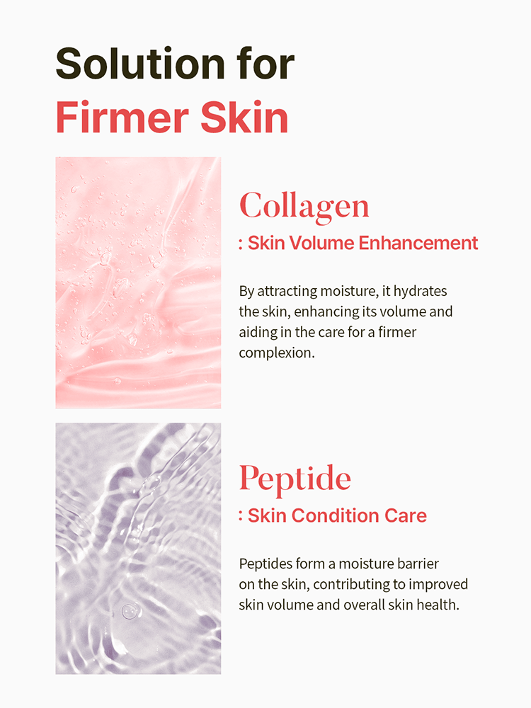 SKIN627 Facial Mask benefits for firmer skin: Collagen for skin volume enhancement and Peptide for skin condition care.