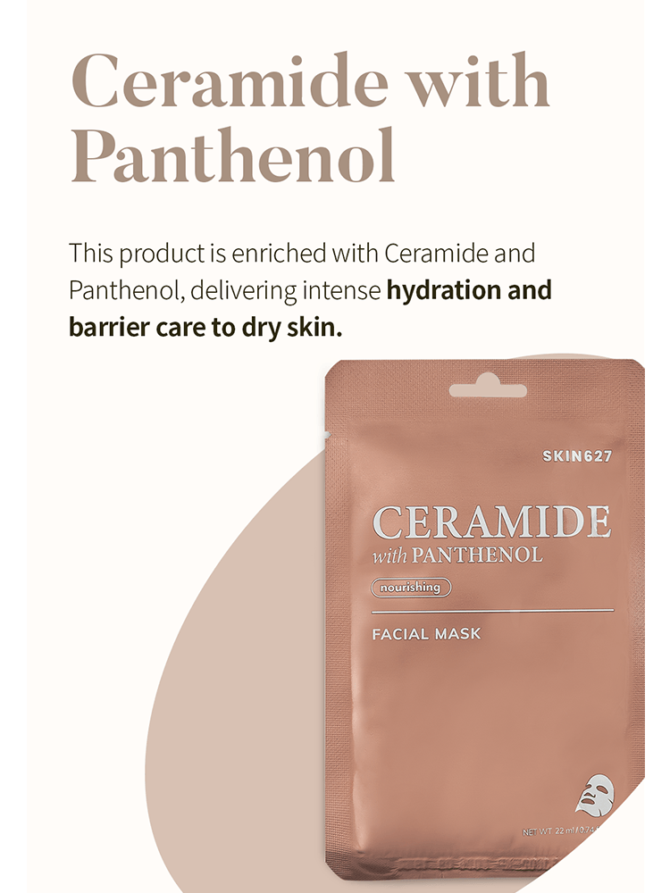 SKIN627 Facial Mask packaging with Ceramide and Panthenol for hydration and barrier care for dry skin.