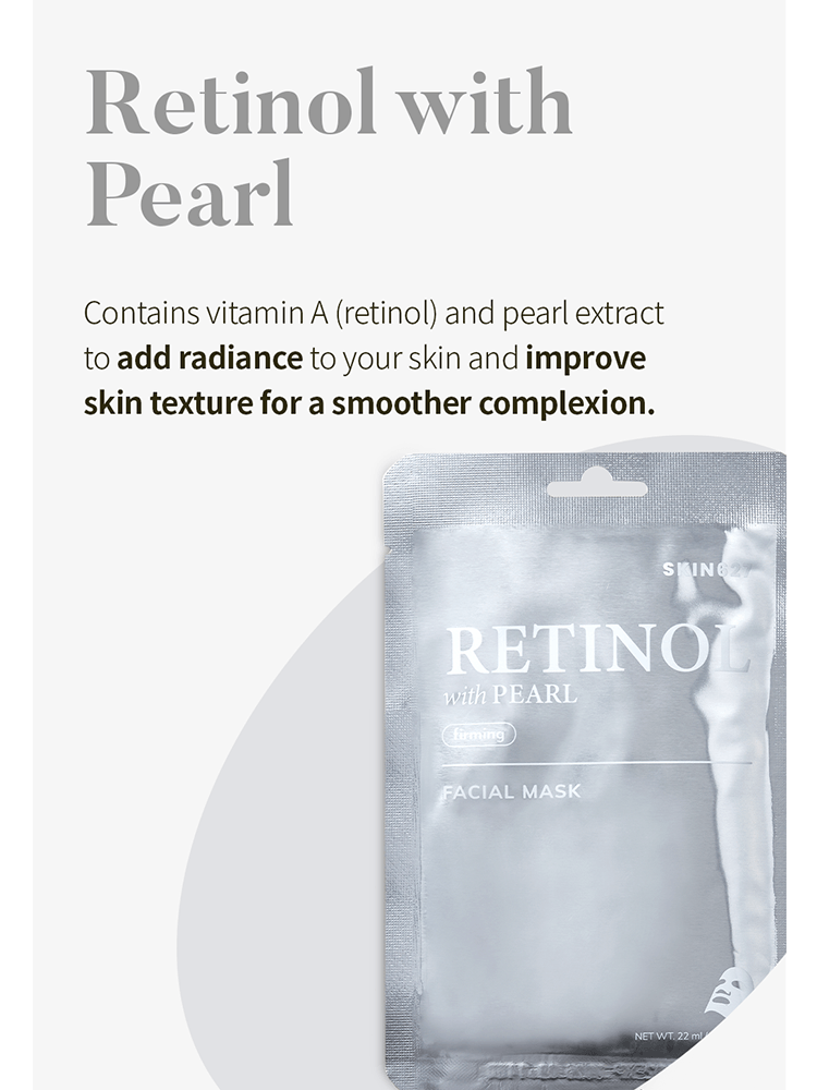 SKIN627 Facial Mask packaging featuring retinol and pearl extract for smoother skin texture and added radiance.