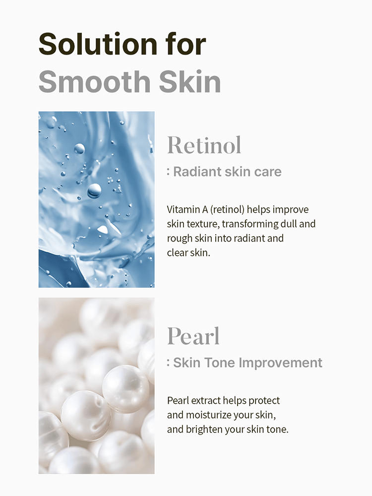 SKIN627 Facial Mask Image showcasing solutions for smooth skin featuring Retinol for radiant skin care and Pearl for skin tone improvement.