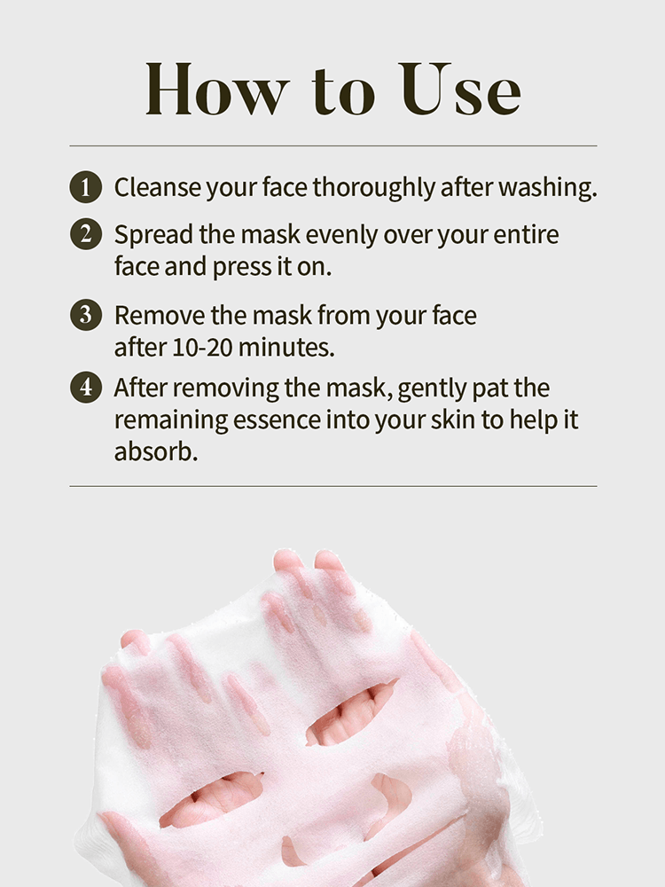 How to use SKIN627 Facial Mask: cleanse, apply, remove after 10-20 minutes, and pat essence into skin.