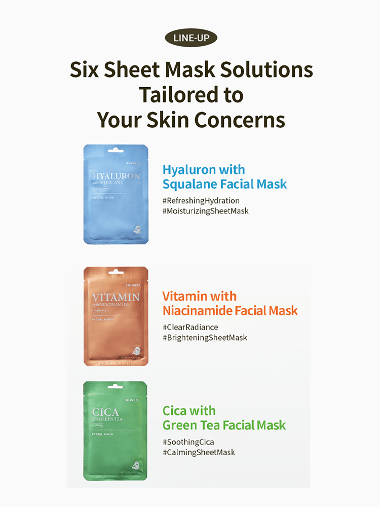 SKIN627 Facial Mask lineup featuring Hyaluron, Vitamin, and Cica options for various skin concerns.
