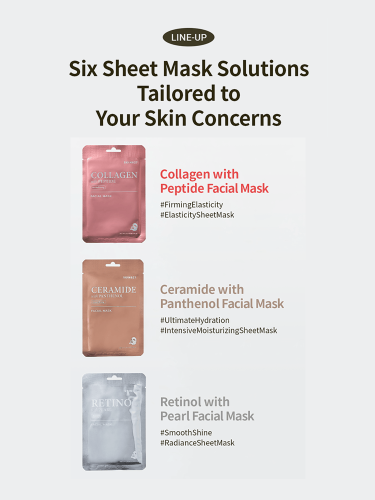 SKIN627 Facial Mask lineup showcasing Collagen, Ceramide, and Retinol sheet masks for various skin concerns.