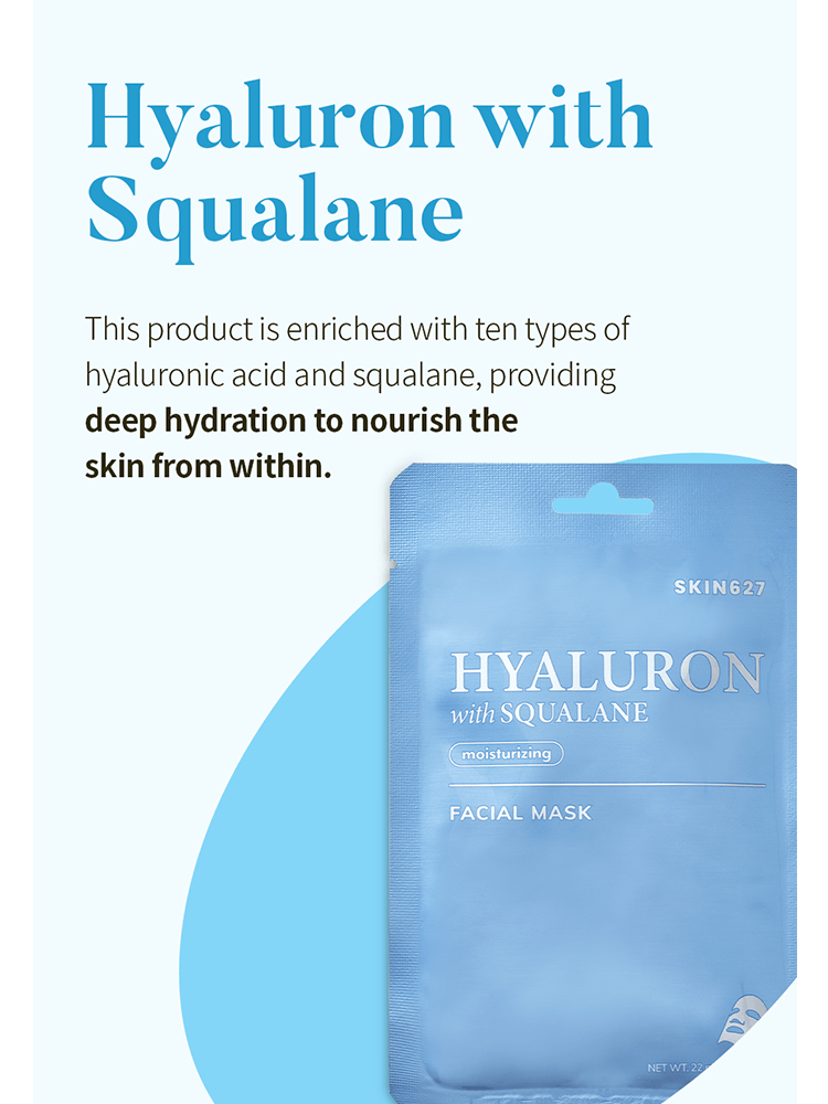 SKIN627 Facial Mask Hyaluron with Squalane packaging showcasing deep hydration benefits for healthy skin.