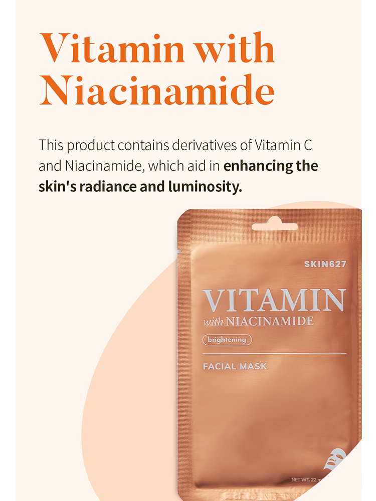 SKIN627 Facial Mask featuring Vitamin with Niacinamide for enhanced skin radiance and luminosity.