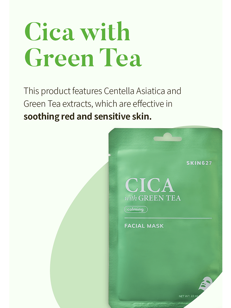 SKIN627 Facial Mask Cica with Green Tea product packaging designed for soothing red and sensitive skin.