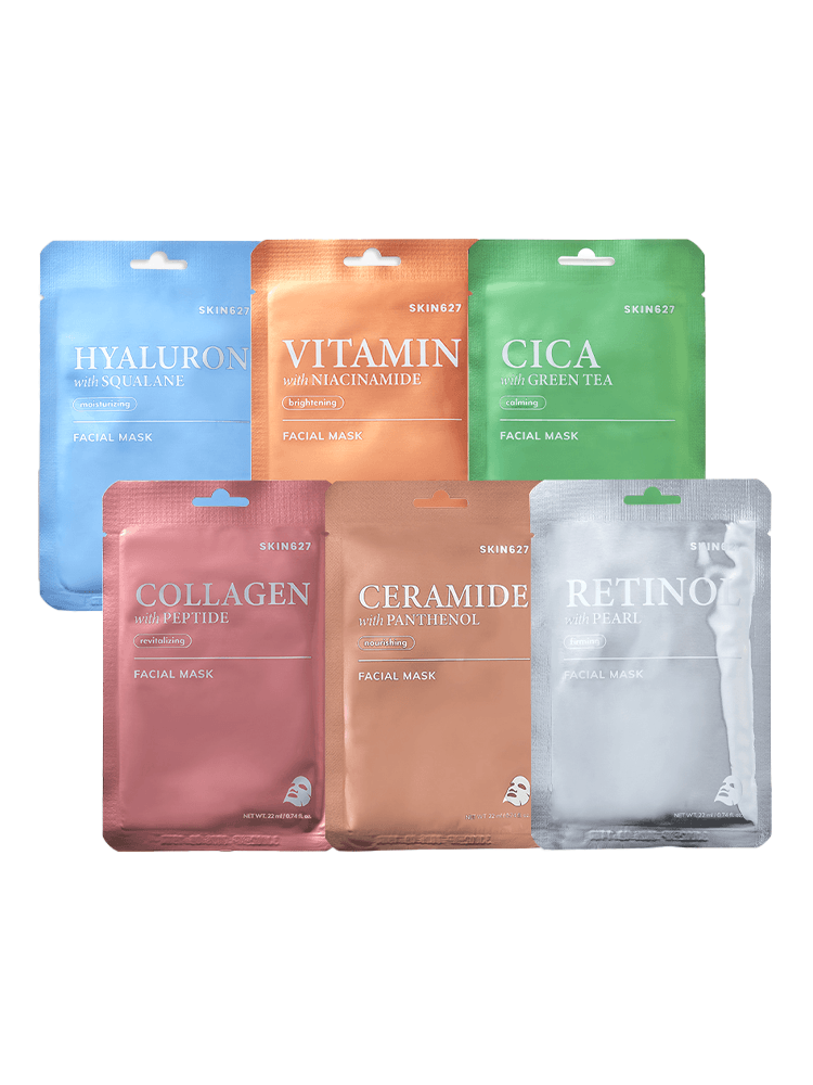 SKIN627 Facial Mask 22ml pack featuring six variants: Hyaluron, Vitamin, Cica, Collagen, Ceramide, and Retino.