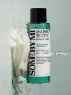 SOME BY MI AHA-BHA-PHA 30Days Miracle Toner 150ml bottle with cotton pads in water background.