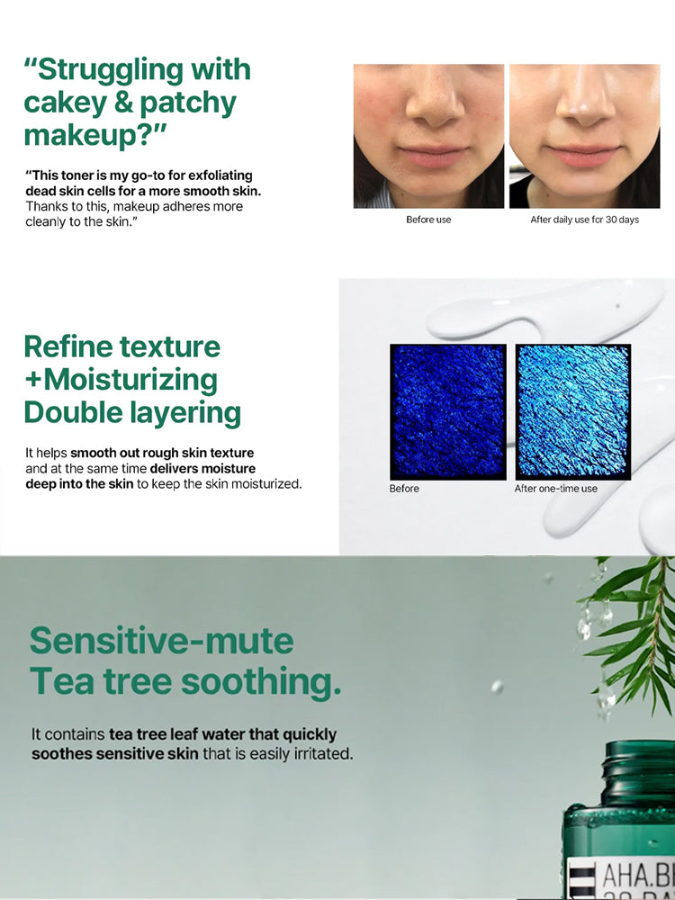 SOME BY MI AHA-BHA-PHA 30Days Miracle Toner 150ml before and after results, showcasing skin refinement and tea tree soothing benefits.