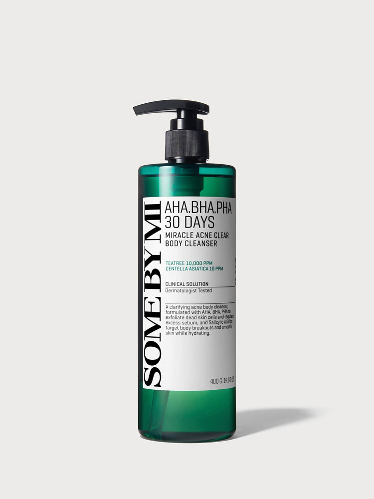 SOME BY MI AHA-BHA-PHA 30 Days Miracle Acne Clear Body Cleanser 400g in a green bottle with pump