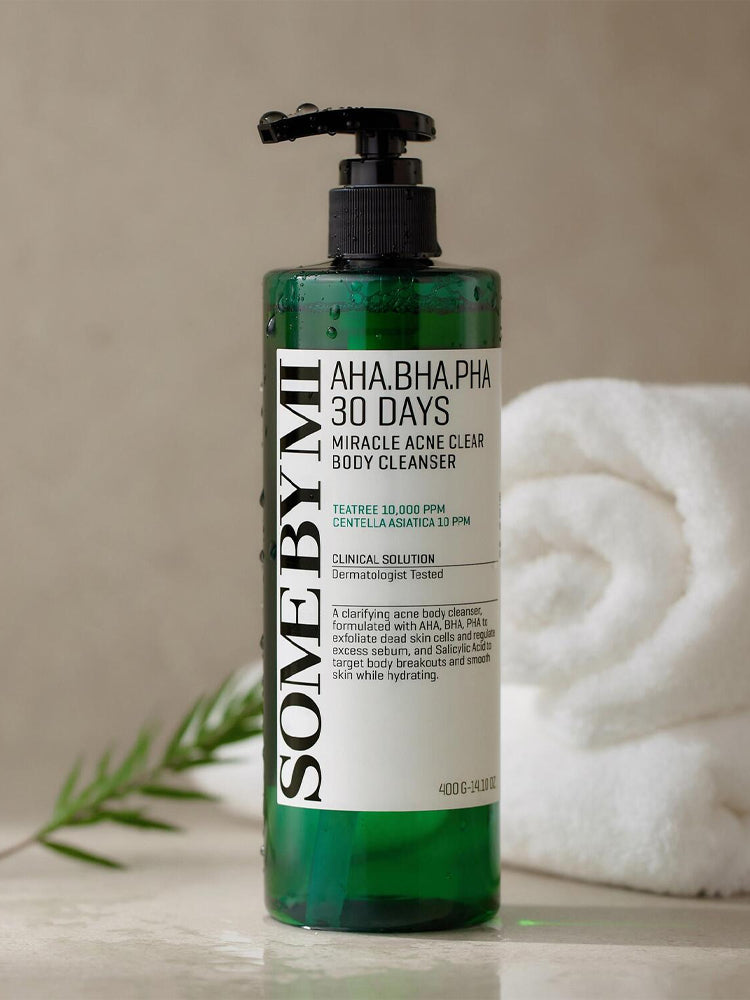 SOME BY MI AHA-BHA-PHA 30 Days Miracle Acne Clear Body Cleanser 400g with towel, perfect for clear skin.