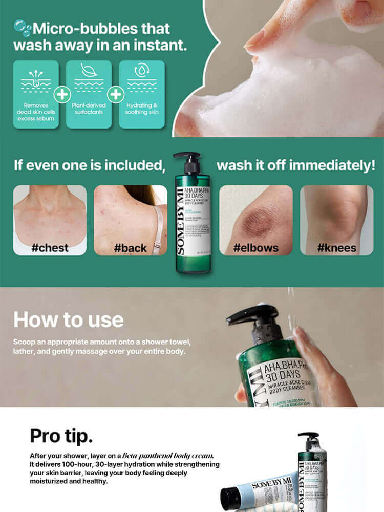 SOME BY MI AHA-BHA-PHA 30 Days Miracle Acne Clear Body Cleanser 400g usage instructions with micro-bubbles effectiveness