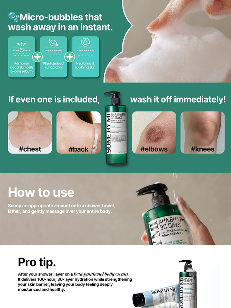 SOME BY MI AHA-BHA-PHA 30 Days Miracle Acne Clear Body Cleanser 400g usage instructions with micro-bubbles effectiveness
