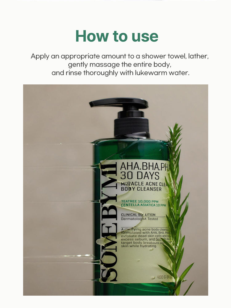SOME BY MI AHA-BHA-PHA 30 Days Miracle Acne Clear Body Cleanser 400g with usage instructions on a shower towel.