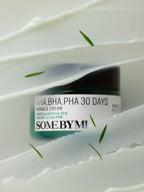 SOME BY MI AHA-BHA-PHA 30Days Miracle Cream 60g in a soothing cream background with tea tree accents.