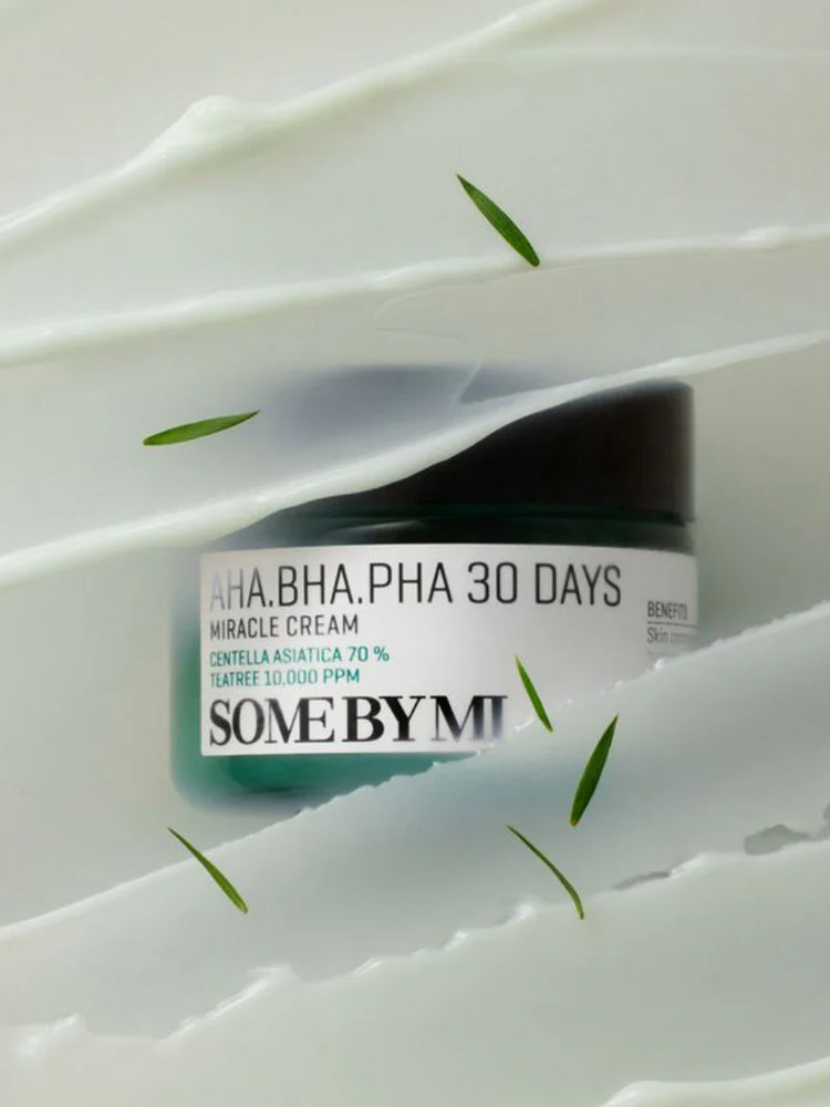 SOME BY MI AHA-BHA-PHA 30Days Miracle Cream 60g in a soothing cream background with tea tree accents.