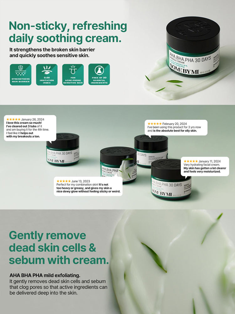 SOME BY MI AHA-BHA-PHA 30Days Miracle Cream 60g, non-sticky refreshing soothing cream for sensitive skin.