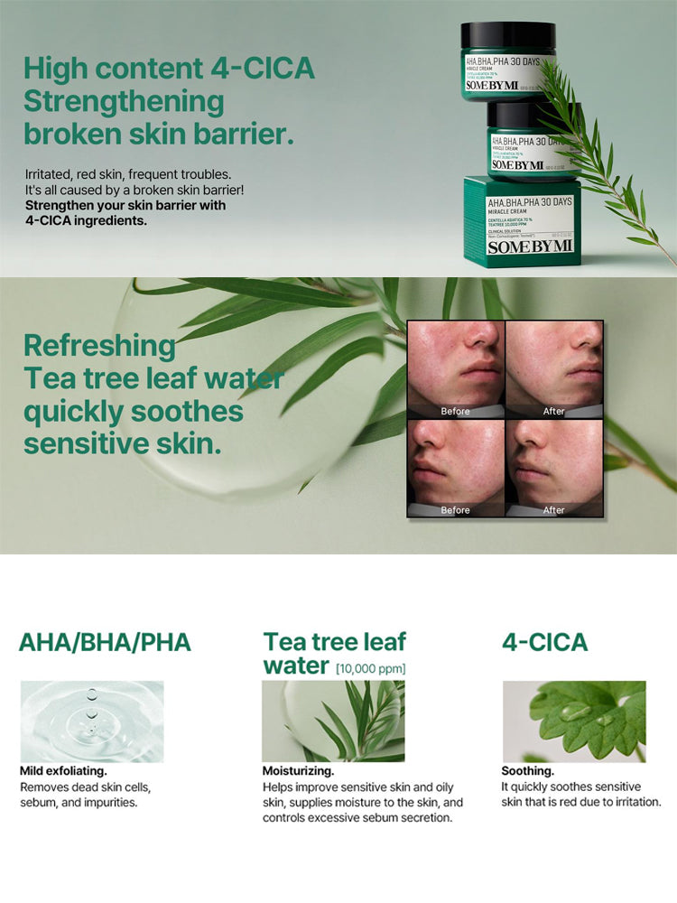 SOME BY MI AHA-BHA-PHA 30Days Miracle Cream 60g with tea tree leaf water and 4-CICA complex for soothing sensitive skin.