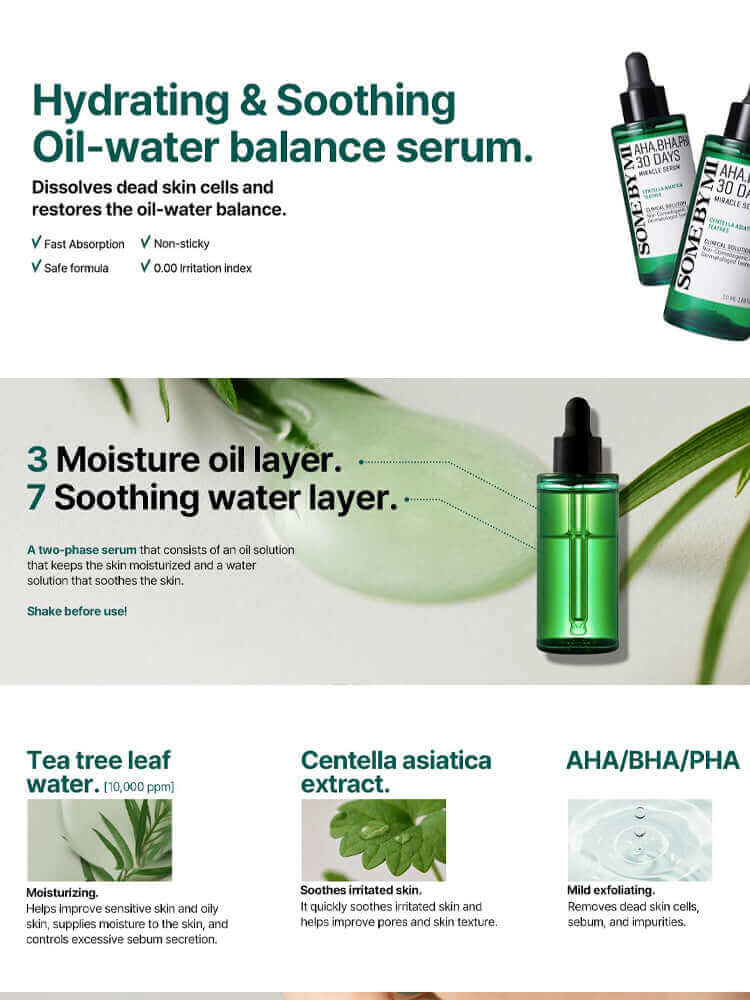 SOME BY MI AHA-BHA-PHA 30 Days Miracle Serum 50ml hydrating and soothing oil-water balance serum with tea tree and centella.