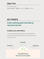Information chart about hydrocolloid spot patch for acne relief and suitability for sensitive skin types.