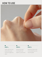 Instructions for using the hydrocolloid spot patch, demonstrating application on the skin.