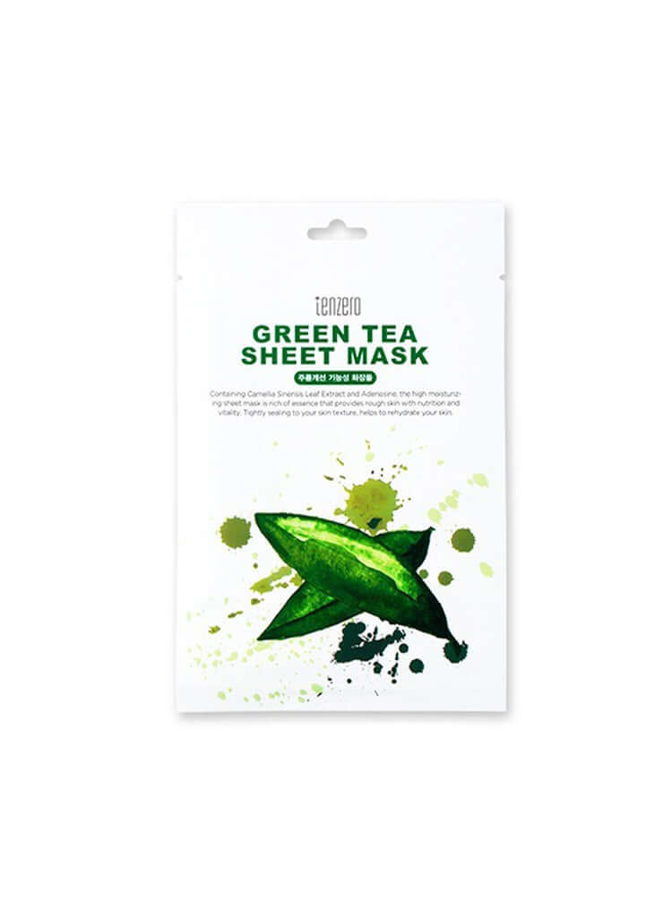 TENZERO Greentea Sheet Mask 25ml packaging featuring a vibrant green tea leaf graphic.