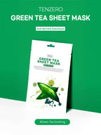 TENZERO Greentea Sheet Mask 25ml packaging displaying green tea theme with anti-wrinkle label.