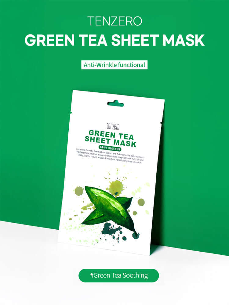 TENZERO Greentea Sheet Mask 25ml packaging displaying green tea theme with anti-wrinkle label.