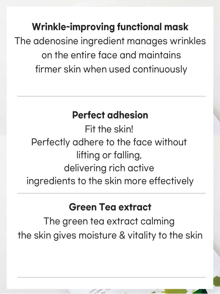 TENZERO Greentea Sheet Mask 25ml benefits: wrinkle improvement, perfect adhesion, and green tea extract for skin moisture.