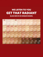 TIRTIR Mini Mask Fit Red Cushion 4.5g shade chart displaying 40 unique shades for radiant glass skin.