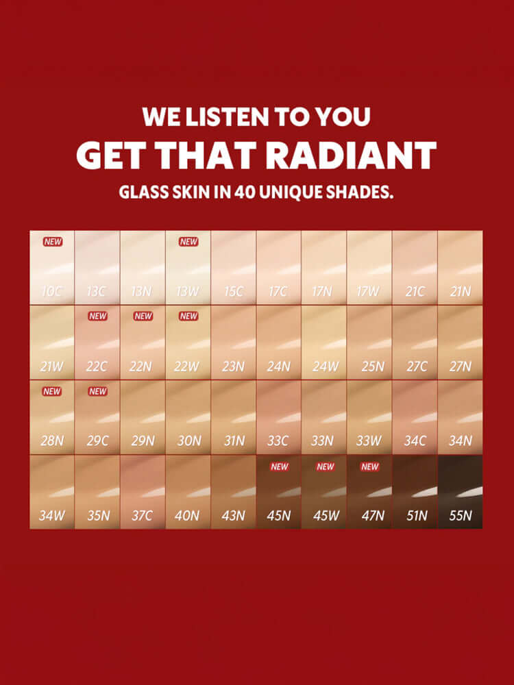 TIRTIR Mini Mask Fit Red Cushion 4.5g shade chart displaying 40 unique shades for radiant glass skin.