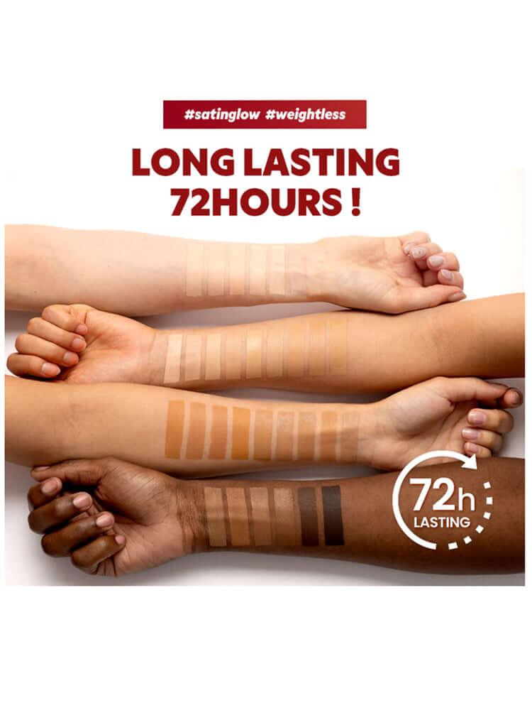 Swatches of different skin tones showcasing TIRTIR Mini Mask Fit Red Cushion 4.5g's long-lasting, weightless finish.