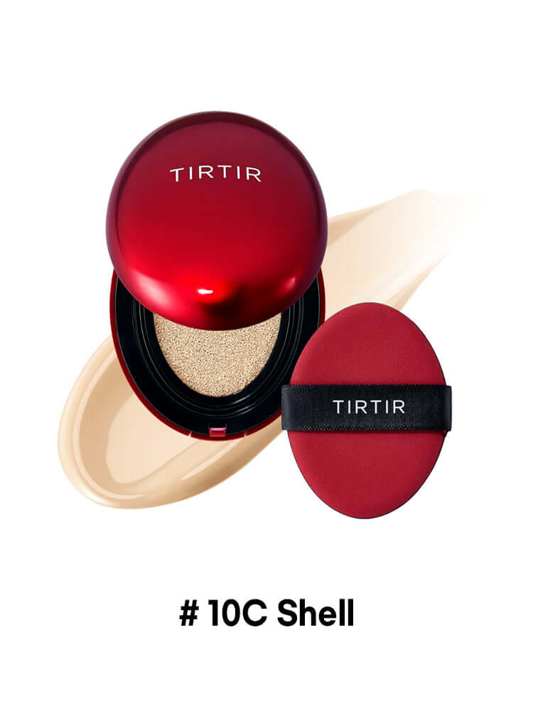 TIRTIR Mask Fit Red Cushion Mini 4.5g compact with sponge and swatch in shade #10C Shell.