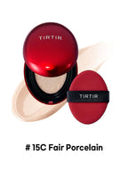 TIRTIR Mini Mask Fit Red Cushion 4.5g in #15C Fair Porcelain with compact and sponge applicator.
