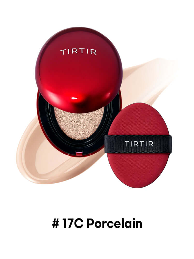TIRTIR Mask Fit Red Cushion Mini 4.5g with sponge and porcelain shade on a smooth background.