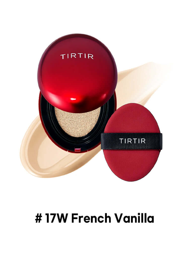 TIRTIR Mask Fit Red Cushion Mini 4.5g in #17W French Vanilla with applicator and foundation swatch.