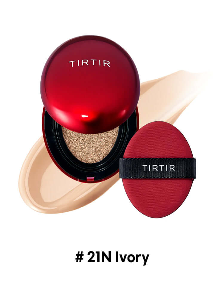 TIRTIR Mask Fit Red Cushion Mini 4.5g in red compact with cushion puff and swatch of #21N Ivory.