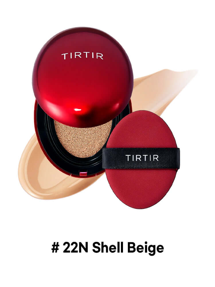 TIRTIR Mask Fit Red Cushion Mini 4.5g compact with puff and beige foundation swatch
