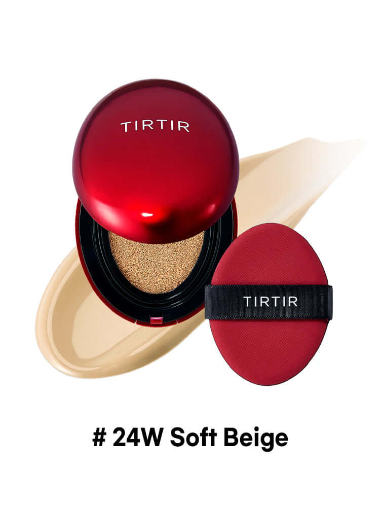 TIRTIR Mask Fit Red Cushion Mini 4.5g with soft beige shade and application puff in red compact.